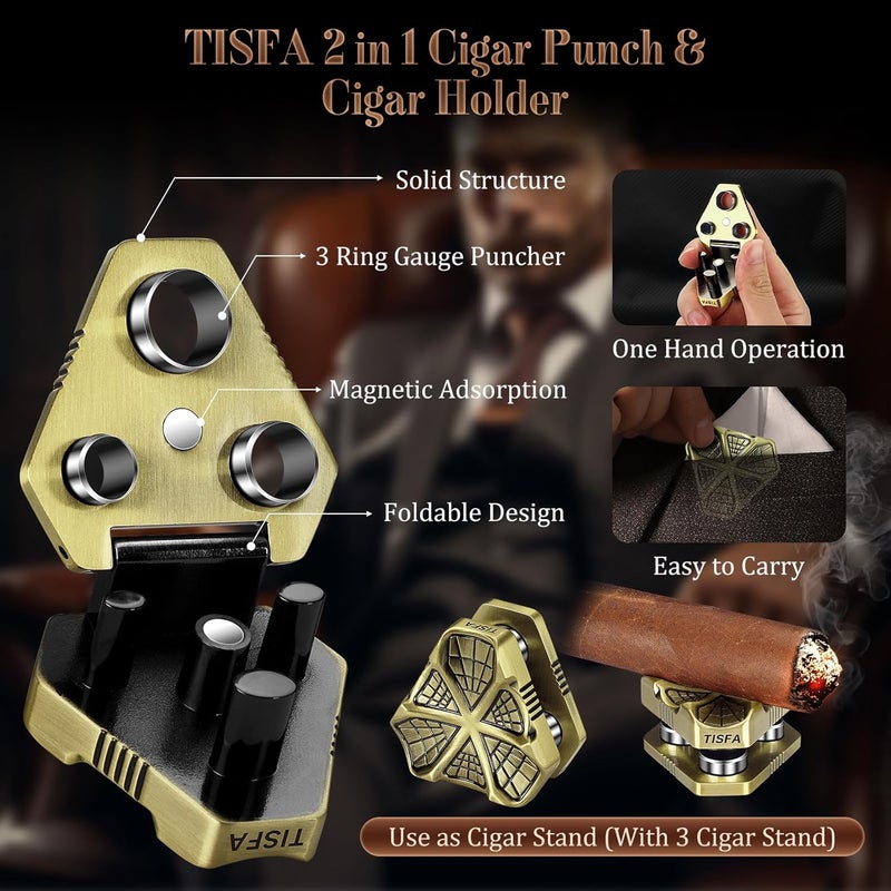 TISFA Cigar Punch Tool, Cigar Punch Cutter with Cigar Holder 2 in 1, Foldable 3 Sizes Cigar Hole Punch and 3 Cigar Stand Cigar Kit, Multifunctional Stainless Steel Puncher with Gift Box (Bronze) - Image 3